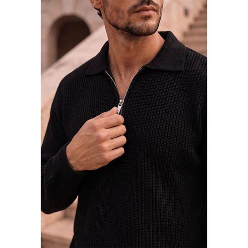 Gibson Oversize Yarım Fermuar Gömlek Polo Yaka Selanik Örme Erkek Triko Kazak - Siyah