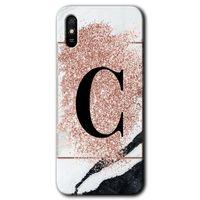 Xiaomi Redmi 9A Kılıf Kapak - Pembe Mermer Desenli C Harfi +Hayalet Ekran Yandan Gözükmez