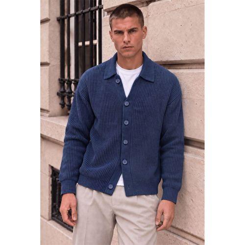 Palermo Oversize Selanik Örgü Düğmeli Erkek Triko Hırka - İndigo