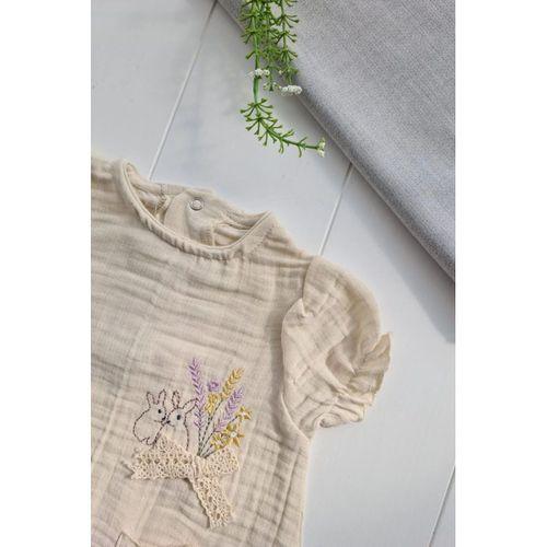 Müslin Kumaş Çiçek Nakışlı Pamuklu Kız Bebek Tulum