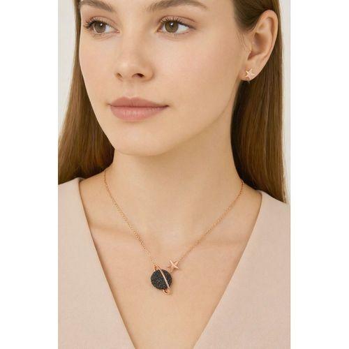 Rose Renk Gezegen Kolye Siyah Taşlı Gümüş Kadın Kolye