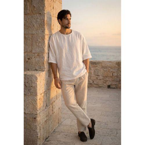 Castiel Bisiklet Yaka Fakir Kol Oversize Kısa Kol T-shirt - Beyaz