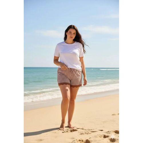 Çizgili Penye Kadın Ev Şortu Bacak Dantel Detaylı Ev Giyim Kahverengi