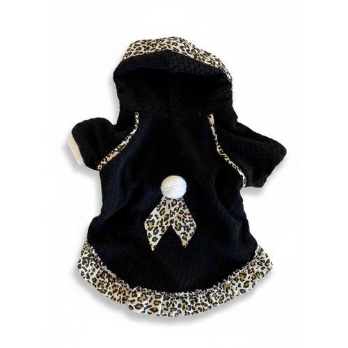 Siyah Leopar Desenli Kapüşonlu Köpek Elbisesi | Polar Kumaş | 5,5 - 7 KG