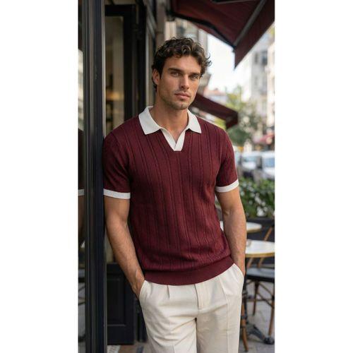 Erkek Örgü Desen Yakalı Kısa Kollu Triko Tişört - %100 Pamuk Akrilik
