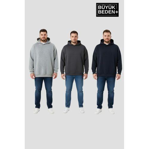 Erkek Büyük Beden 3 lü Set  Kollar Ve Etek Ribanalı ince Kapşonlu Swatshırt SPR26BSW957+3