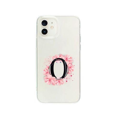 iPhone 12 Pembe Çiçek Desen O Harfli Premium Şeffaf Telefon Kılıfı