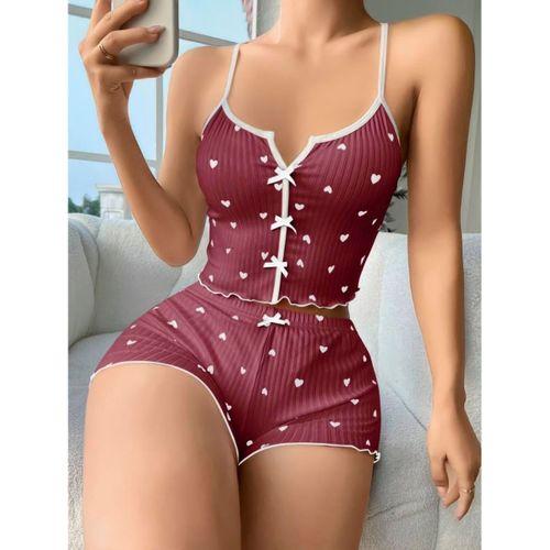 Pamuklu Kahverengi Üstüne Beyaz Kalp Desen Fitilli Askılı Şortlu Pijama Takımı