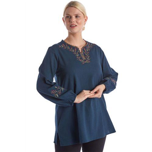 Şile Bezi Uzun Kol Petrol Mavi Nakış Detaylı V Yaka Yazlık Otantik Bluz