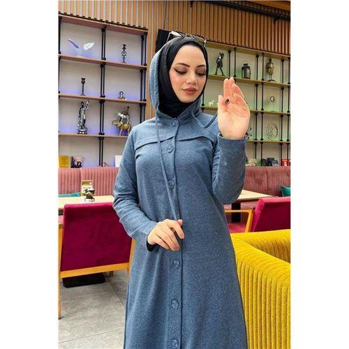 Kapşonlu Düğmeli Sade Basic Uzun Tunik ve Pantolon İkili Spor Takım - 03072.006 - İndigo