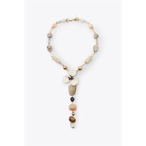 Taşlı Çiçek Kolye - Altın