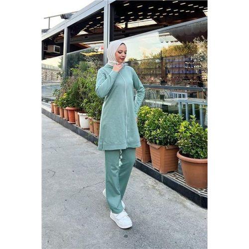 Fermuarlı Kapşonlu İkili Sade Basic Eşofman Spor Takımı - 03052.100 - Çağla Yeşili