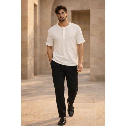 Roth Relaxed Fit Günlük Henley Yaka Waffle Kumaş Yazlık Kısa Kollu T-Shirt - Ekru