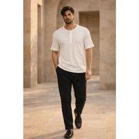 Roth Relaxed Fit Günlük Henley Yaka Waffle Kumaş Yazlık Kısa Kollu T-Shirt - Ekru