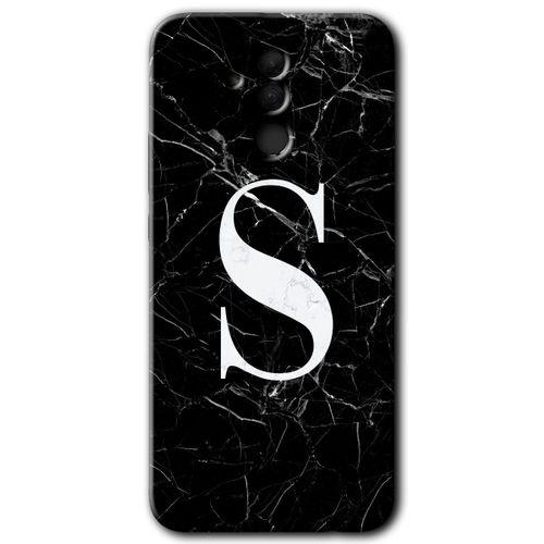 Huawei Mate 20 Lite Kılıf Baskılı Kapak - Siyah Mermer Desenli S Harfi +Tam Ekran Koruyucu