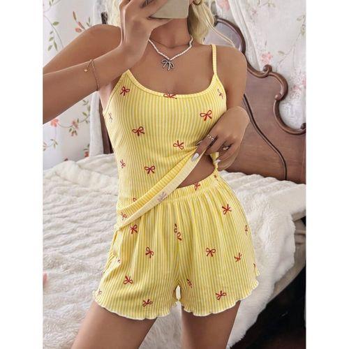 Kadın Sarı İnce Askılı Şortlu Pijama Takımı 5270