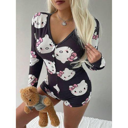 Pamuklu Siyah Hello Kitty Desenli Düğmeli Uzun Kol Tulum Pijama