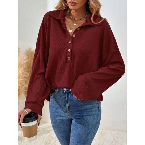 Kadın Uzun Kollu Yakalı Düğmeli Salaş Waffle Bluz