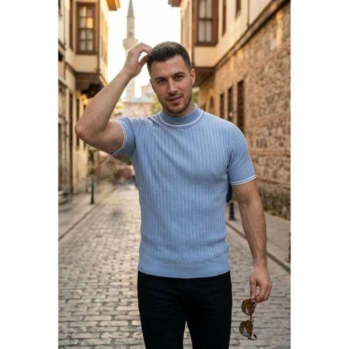 Erkek Fitilli Triko Dokuma Kısa Kol Tişört Yarım Boğaz Modern Yazlık T-Shirt - Bebe Mavisi