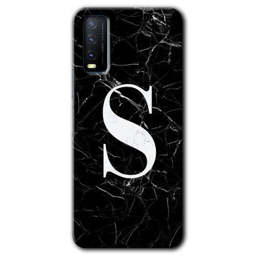 Vivo Y11s Kılıf HD Desen Baskılı Arka Kapak + Temperli Cam - Siyah Mermer Desenli S Harfi