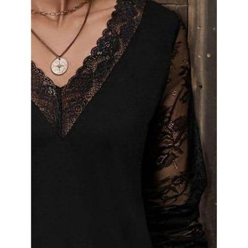 Kadın Uzun Kollu V Dantel Yakalı Viskon Bluz