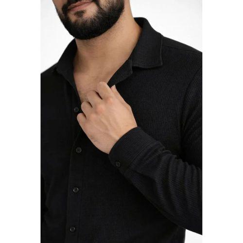 Erkek Waffle Kumaş Uzun Kollu Düğmeli Açık Yaka Regular Fit Gömlek - Siyah