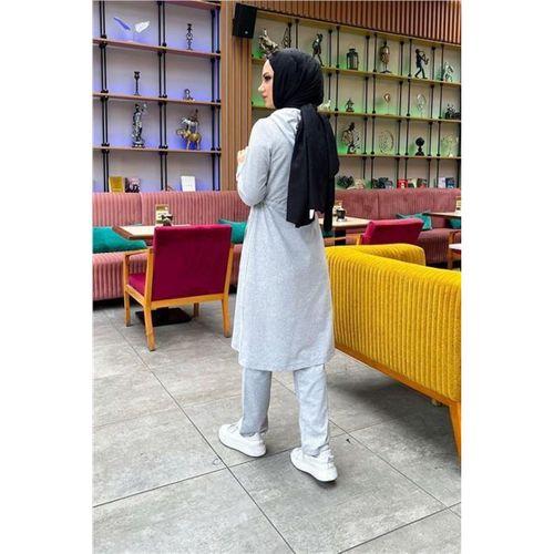 Kapşonlu Belden Bağlamalı Fermuarlı Sade Basic Uzun Tunik ve Pantolon İkili Spor Takım - 03065.008 - Gri