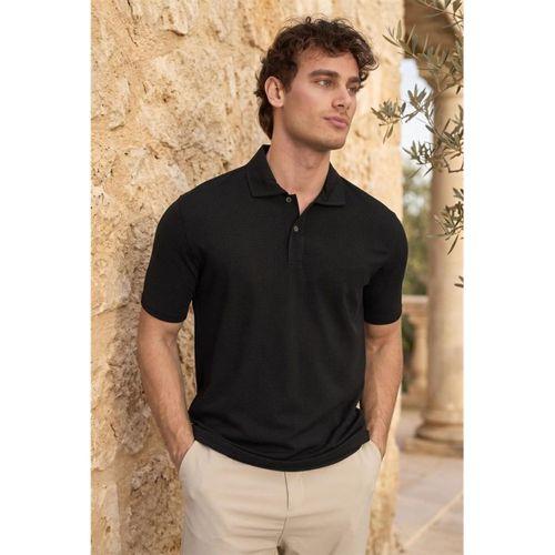 Evenor Kabartma Desenli Polo Yaka Düğmeli Relaxed FitYumuşak İnce Erkek T-Shirt - Siyah