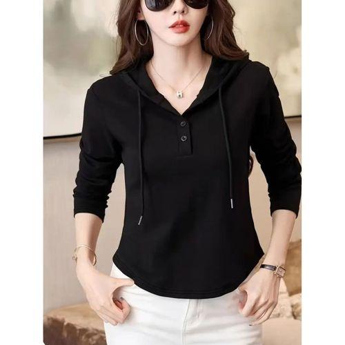 Kadın Uzun Kollu Kapşonlu Bağcıklı Düğmeli Viskon Iki Iplik Bluz