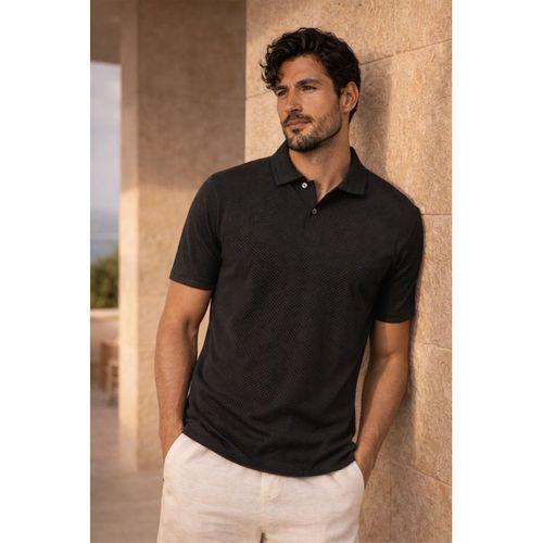Evenor Kabartma Desenli Polo Yaka Düğmeli Relaxed FitYumuşak İnce Erkek T-Shirt - Siyah
