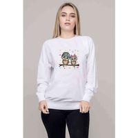 Dal Üzerinde Tünemiş Iki Kahverengi Baykuş Baskılı Beyaz Kadın Sweatshirt