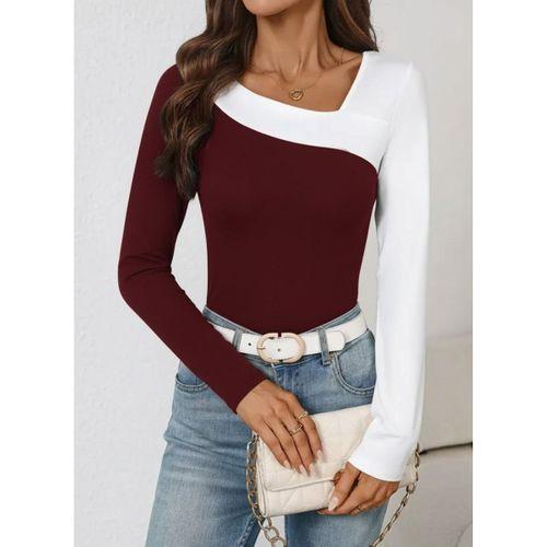 Kadın Uzun Kollu Geometrik Yaka Detaylı çift Renkli Viskon Bluz