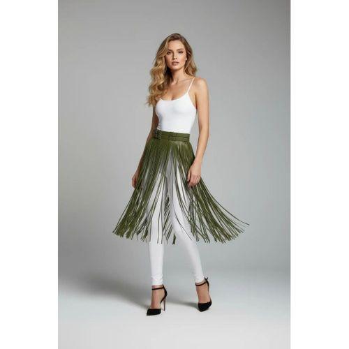 Haki Etek Uzun Püskül Detaylı Etek Suni Deri Etek Yüksek Bel Etek - Brf1090
