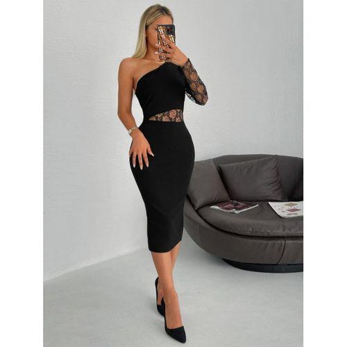 Kadın Siyah Tek Kol Dantel Detay Omuz Dekolte Krep Elbise