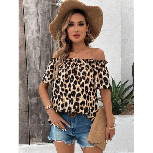 Kadın Madonna Yaka Fırfırlı Leopar Desenli Mikro Kumaş Bluz