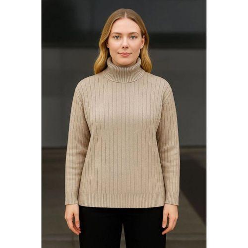 Balıkcı Yaka Bağazlı Triko Kazak Pamuklu Kalın Fitilli Dokuma - Bej