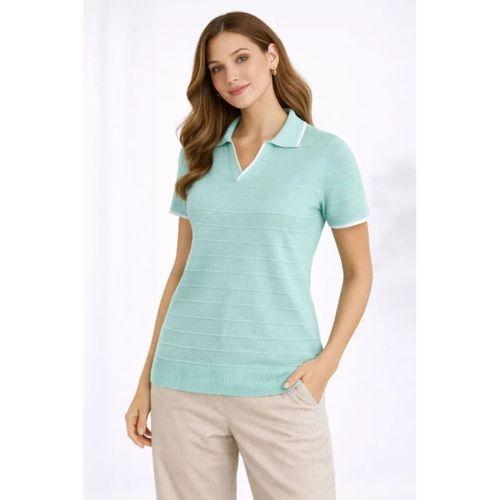 Triko Kumaş Yakalı Düğmesiz Açık Yaka Fitilli Kısa Kollu Regular Fit Tişört T-shirt - Mint Yeşili