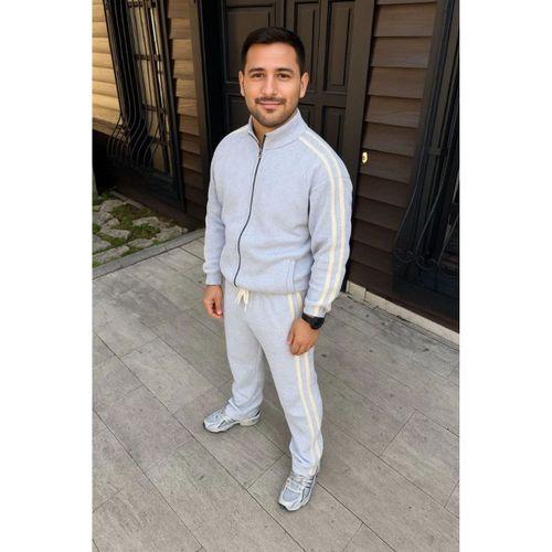 Erkek Çift Şeritli Eşofman Takım Dik Yaka Fermuarlı Sweatshirt Boru Paça Alt, Oversize 3 Iplik Pamuklu - Gri
