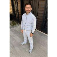 Erkek Çift Şeritli Eşofman Takım Dik Yaka Fermuarlı Sweatshirt Boru Paça Alt, Oversize 3 Iplik Pamuklu - Gri