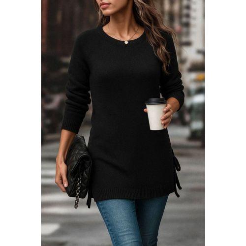 Kadın Uzun Kollu Yuvarlak Yakalı Yanlardan Bağcıklı Triko Bluz