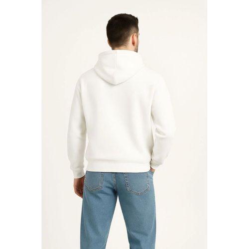 Erkek Kapüşonlu Sweatshirt Hoodie 3 İplik Şardonlu Pamuklu Kumaş, Önü Baskılı, Fermuarlı Rahat Kalıp, Kışlık Ve Sokak Stili Sweat - Beyaz