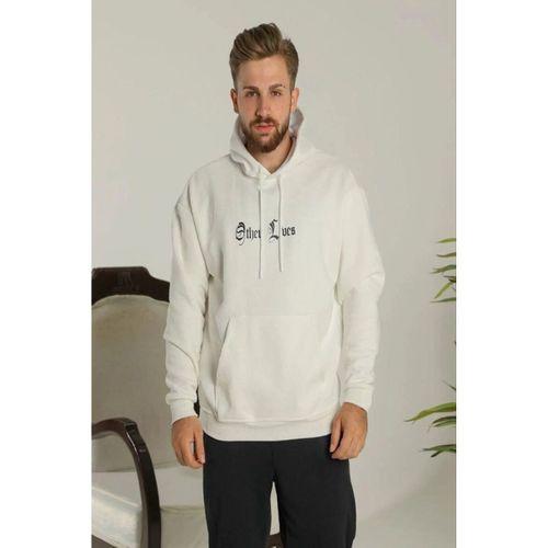 Oversize Üç İplik Şardonlu Kapüşonlu Sweatshirt – Beyaz “Other Lives” Ön Ve Arka Baskılı, Kanguru Cepli, Ribanalı Rahat Kışlık Model Beyaz
