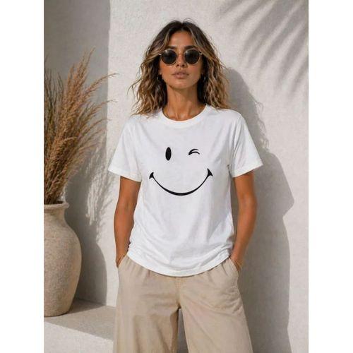 Minimal Gülümseyen Yüz Baskılı Tişört Kısa Kol Yazlık T-Shirt - Beyaz