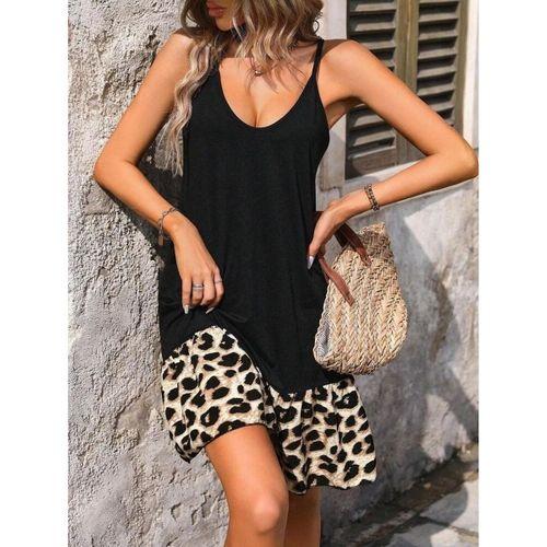 Kadın Ip Askılı Yuvarlak Yakalı Leopar Detaylı Elbise