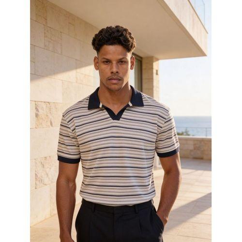 Gert Relaxed Fit Çizgili Pike Kumaş V Pat Polo Yaka T-Shirt - Lacivert