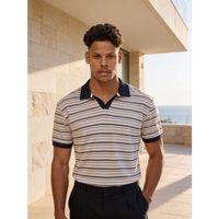 Gert Relaxed Fit Çizgili Pike Kumaş V Pat Polo Yaka T-Shirt - Lacivert