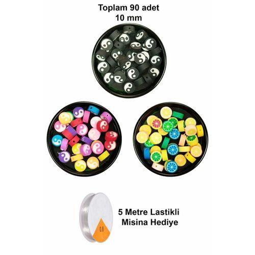 90 Adet 10 mm Polimer Kil Fimo Boncuk Takı Bileklik + 5 Metre Misina Hediye - Yin Yang - Yin Yang - Limon