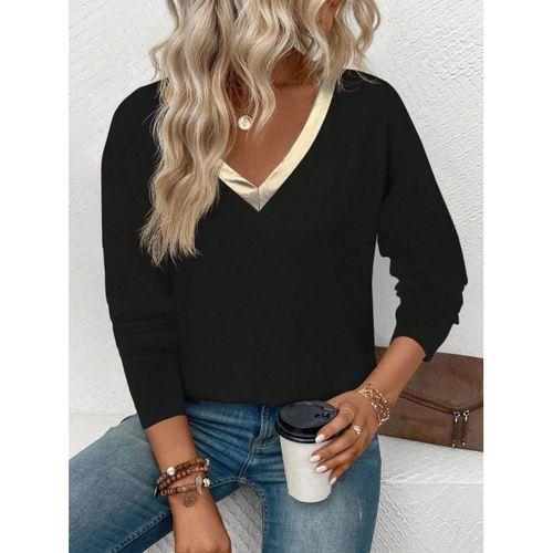 Kadın Uzun Kollu V Parlak Yaka Detaylı Viskon Bluz