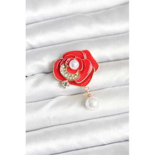Kırmızı Gül İncili Model Broş
