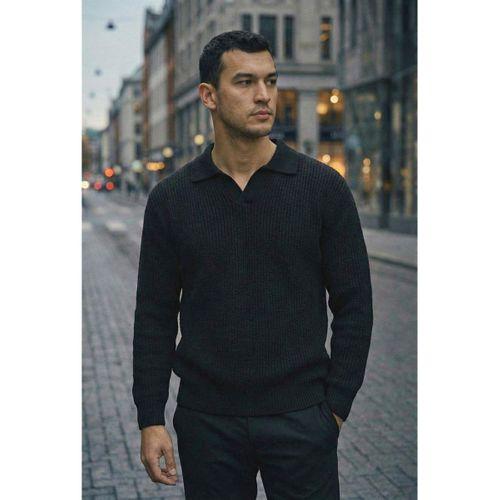 Joris Oversize Gömlek Polo Yaka Selanik Örgülü Erkek Triko Kazak - Siyah